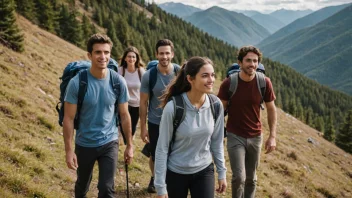 En gruppe venner på en dagstrip, på tur i fjellet.