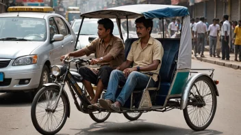 En rikshaw, en trehjulet sykkel, med en sjåfør og passasjerer i en travel bygate.