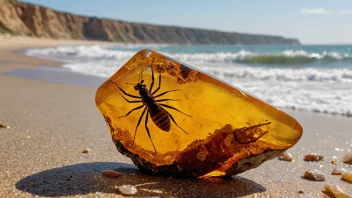 Et stykke rav med en fossilisert insekt inni, på en strand med bølger som slår mot kysten.