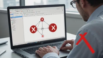 En person som arbeider på en datamaskin med et nettverksdiagram på skjermen, med et rødt X-symbol over en del av diagrammet.