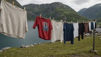 En tørkestreng med klesklyper og klær som henger fra den.