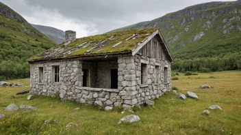 En gammel bygningsruin i et norsk landskap med fjell og trær i bakgrunnen.