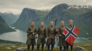 En gruppe norske soldater i tradisjonelle klær, med flagg og sverd, stående foran et fjellandskap.