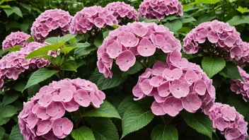 En vakker hortensiebusk i full blomst, som viser frem sine levende rosa blomster og frodige grønne blader.