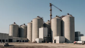 En stor betongfabrikk med flere siloer og en kran i bakgrunnen