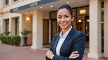 En hotelleeproprietær som står foran et hotell, med et vennlig smil og en invitende gest.