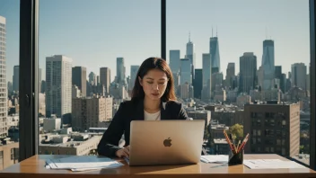 En person som arbeider på et prosjekt med en laptop og papirer, med en bysilhuett i bakgrunnen.