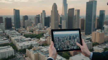 En person holder en tablet med et vennlig grensesnitt, med en bysilhuett i bakgrunnen