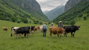 En gruppe kvegfolk i en dal med kyr.