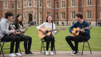 Studenter som spiller musikk sammen, med en universitetsbygning i bakgrunnen.