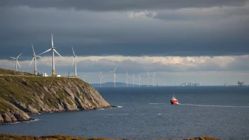 Norges energirikdom representeres ved en kombinasjon av oljeplattformer, vindturbiner og vannkraftverk mot en storslagen norsk landskap.