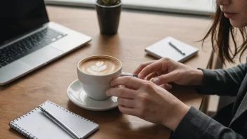 En person som enkelt gjør en oppgave, med en kopp kaffe i nærheten