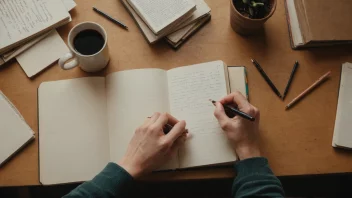 En person sitter ved et skrivebord og skriver i en journal med en penn. Det ligger papirer og bøker spredt rundt dem, og en kopp kaffe står på kanten av skrivebordet.