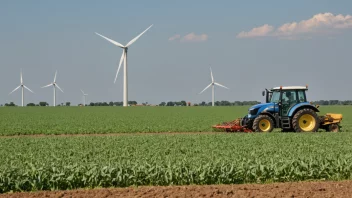 En bonde som arbeider i et jorde med en traktor, omgitt av frodige grønne avlinger, med en vindturbin i bakgrunnen som genererer ren energi.