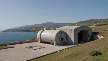 En stor oljebunker med en metall-dør og en rørledning som fører til den, satt mot en bakgrunn av et kystlandskap med sjø og fjell i det fjerne.