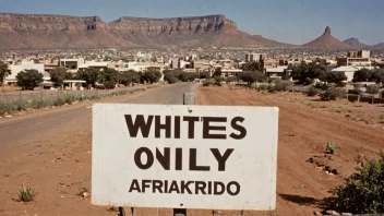 Et skilt som sier 'Kun hvite' på engelsk og afrikaans, med en bakgrunn av en by i Sør-Afrika under apartheidtiden.