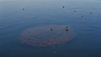 En oljeklatt på vannet med noen fugler i bakgrunnen.