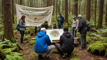 En gruppe mennesker interessert i mykologi samlet i en skog, studerer sopp.