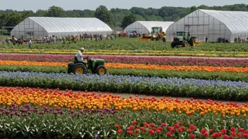 Et bilde av en blomsterfarm med en rekke fargerike blomster, inkludert roser, tulipaner og løvetann.