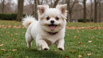 En liten hund med en fluffig pels og et stort smil, løper i en park med en ball i munnen.