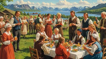 En fargerik illustrasjon av en norsk sommermønstring.