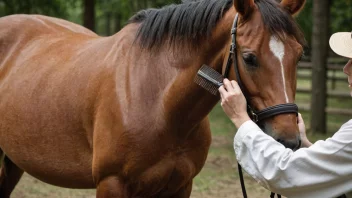 En person som steller og pleier en hest med en børste og en kam