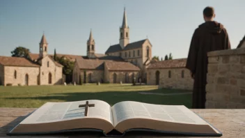 En person som studerer en bok om Jesus Kristus, med en kirke eller et kors i bakgrunnen.