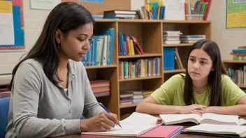 En skoleveileder og en elev diskuterer karrierealternativer på et skolekontor.