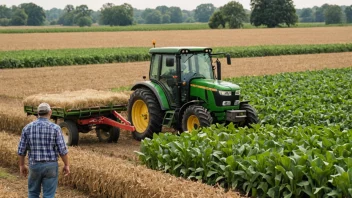 En bonde i en åker med en traktor og en variasjon av avlinger.