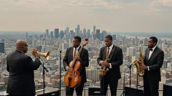 En gruppe jazzmusikere som spiller tradisjonelle jazzinstrumenter, med en bysilhuett i bakgrunnen.