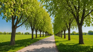 En fredelig og malerisk lindetreallé med blomstrende blomster og en klar blå himmel