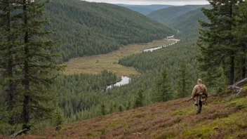 Et fredelig landskap av en norsk skog med en jeger i bakgrunnen.