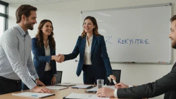 En gruppe mennesker i et møterom, smiler og håndhilser, med en whiteboard i bakgrunnen med ordet 'rekrytere' skrevet på det.