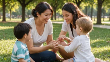 En kvinne med et varmt smil som leker med barn i en park, symboliserer barnvennlighet