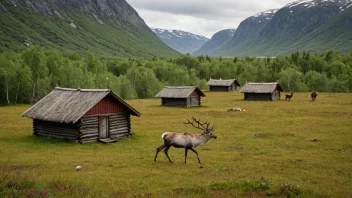 Et samiområde i Norge, med tradisjonelle samiske hus og reinsdyr i bakgrunnen.