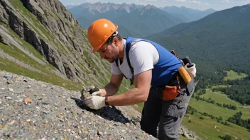 En geolog i hjelm og vest tar en bergartprøve fra et fjell ved hjelp av en hammer og meisel