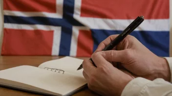 En person som skriver i en notatbok med en penn, med et norsk flagg i bakgrunnen.