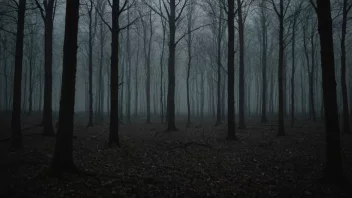 En mørk og mystisk skog med et svakt lys i det fjerne.