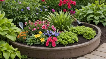 En vakker såingsplass med en blanding av fargerike blomster og frodige grønne planter, med noen hageverktøy som en vannkanne og en spade i nærheten.