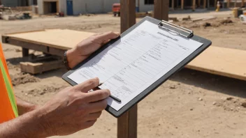 En byggeplass med en clipboard som holder en materialeliste