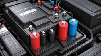 Et bilde av en bilbatteri med forskjellige klasser eller typer batterier i bakgrunnen.