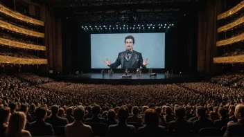 En stor konsertsal med fullt hus og en stor scene med en stor skjerm bak utøverne.