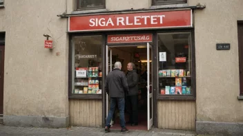 Et sigarettutsalg med en skilt som leser 'Sigarettutsalg' på norsk.