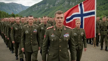 En gruppe militært personale i uniform, med et norsk flagg i bakgrunnen.