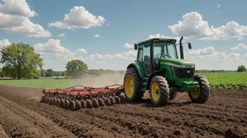 En bonde som dyrker jorden med en traktor, med et vakkert landskap i bakgrunnen.