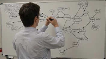 En person som organiserer informasjon på en whiteboard, med piler og linjer som kobler sammen ulike informasjonsbiter.