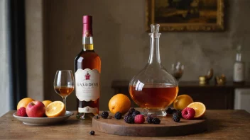 En flaske Eauxdevie fruktbrandy på et trebord.