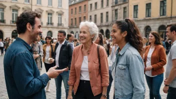 En gruppe mennesker fra ulike aldersgrupper og bakgrunner kommer sammen, smiler og chatter, på en levende byplass med en blanding av gamle og nye bygninger.