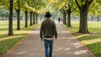 En person med et glad uttrykk går i en park uten å ha på seg hatt eller andre former for hodebekledning.