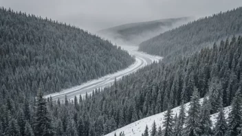 Et fredelig taigalandskap med høye bartre, et teppe av snø og en tåkete atmosfære.